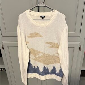 Men's White and Blue Sweater with Scenic Design